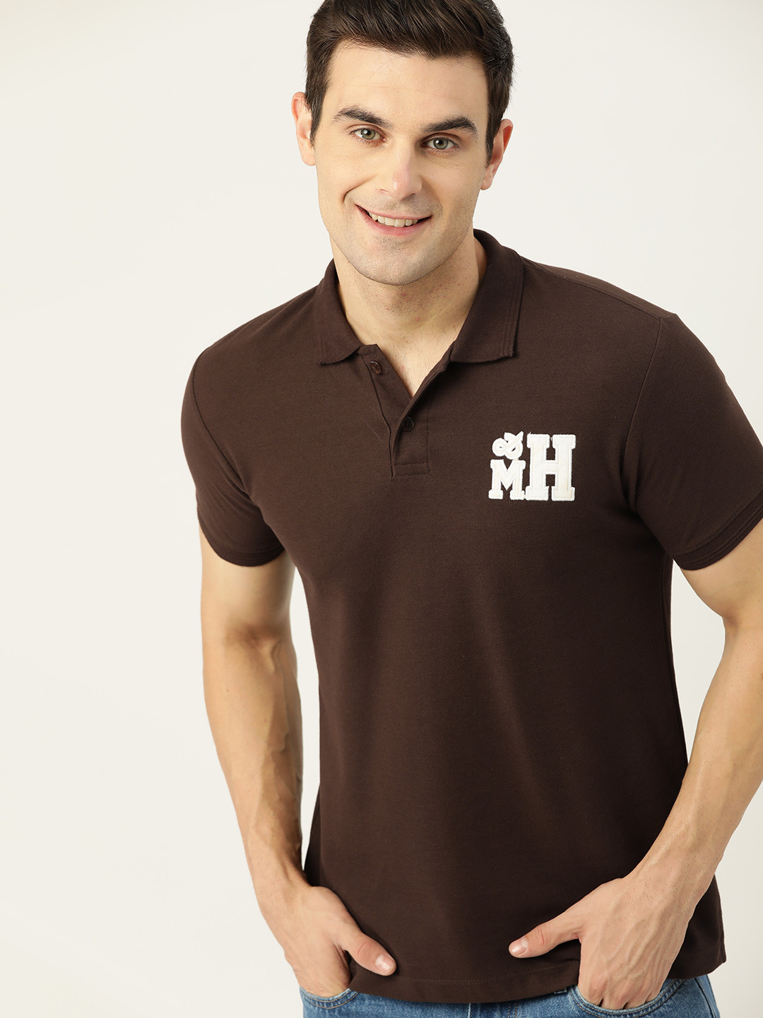 

Mast & Harbour Brand Logo Applique Polo Collar T-shirt, Coffee brown