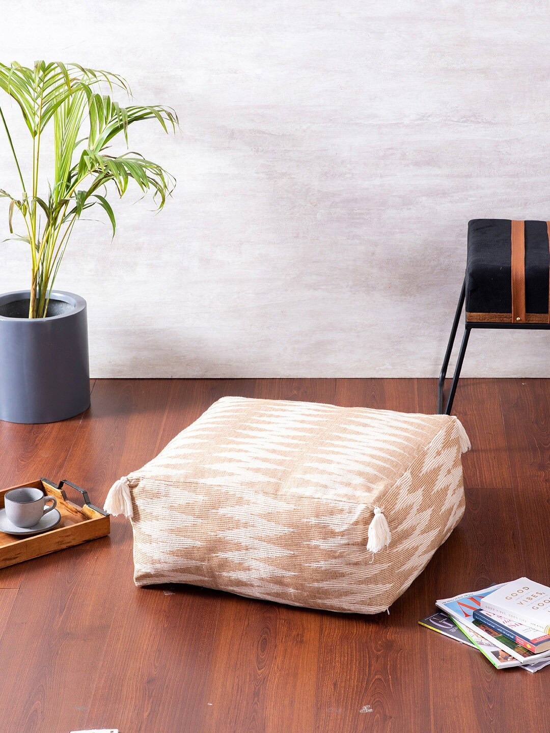 

nestroots Beige & White Woven Design Cotton Ottoman