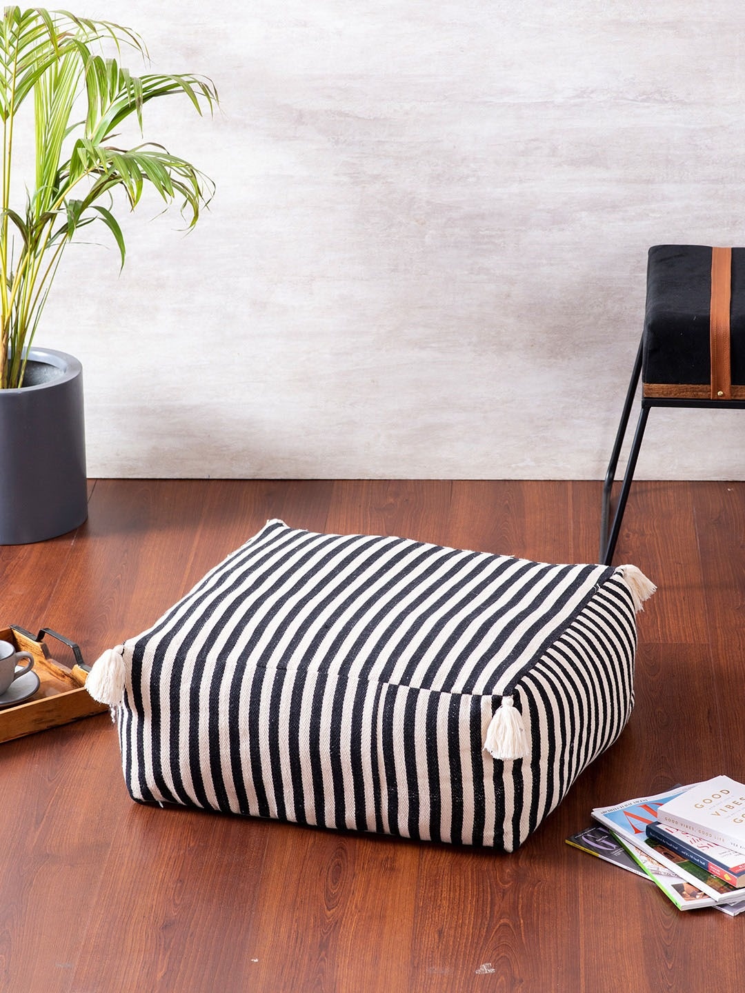 

nestroots White & Black Striped Bamboo Floor Ottoman