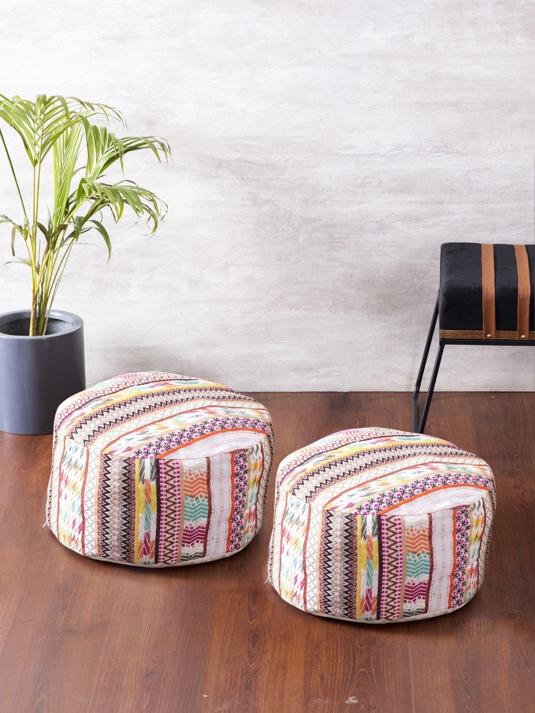 

nestroots White & Pink 2-Pieces Woven-Design Cotton Pouffes