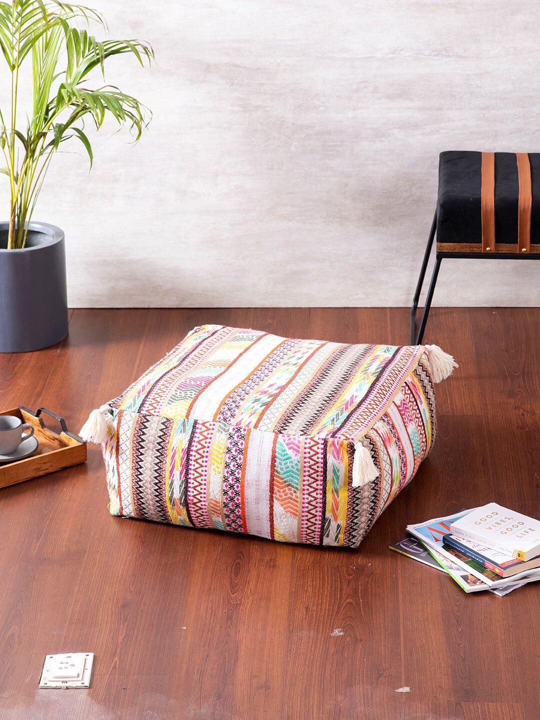 

nestroots White & Pink Woven-Designed Square Pouffes
