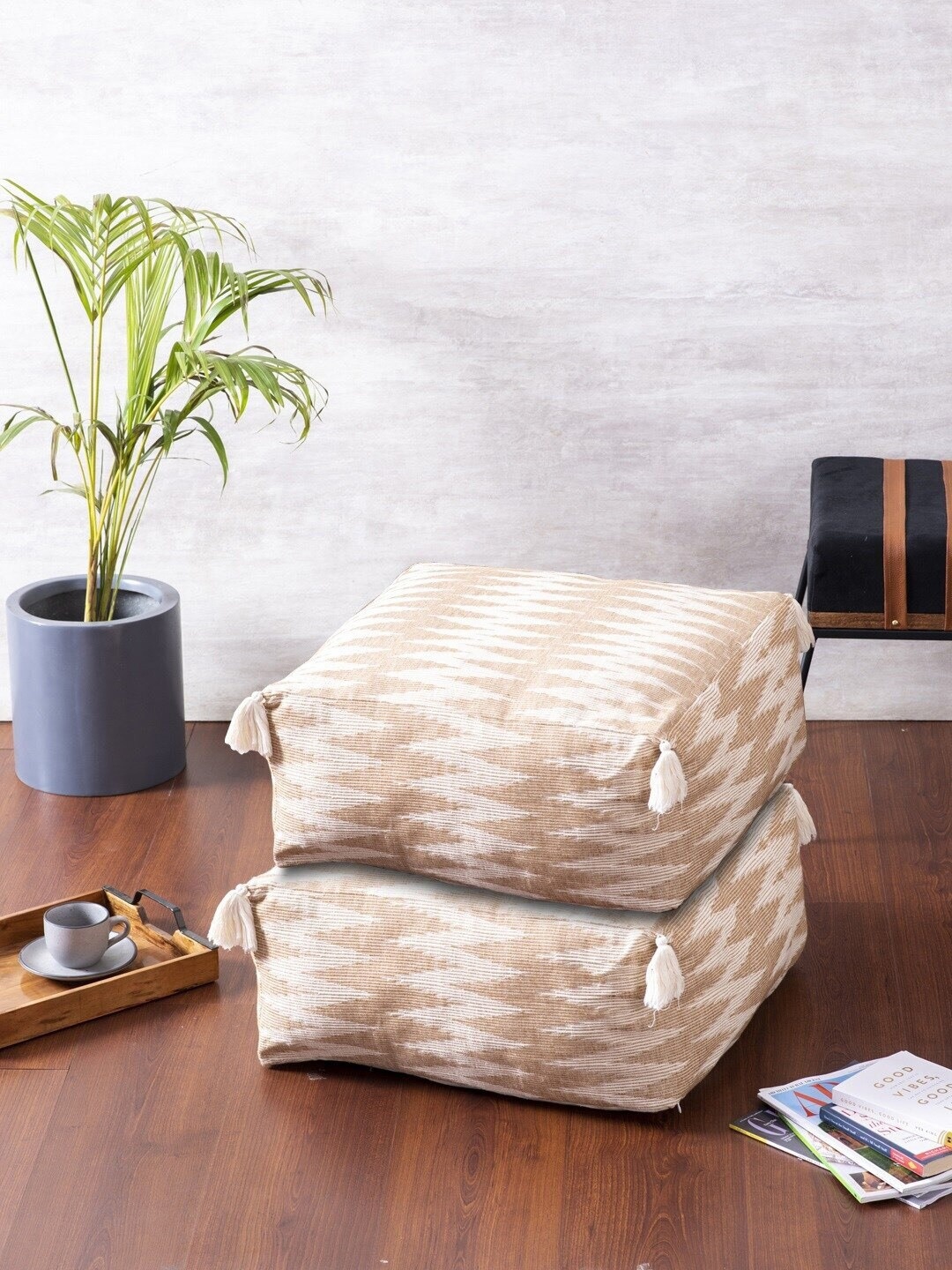 

nestroots Beige & Cream Coloured 2 Pieces Geometric Printed Square Cotton Pouffes