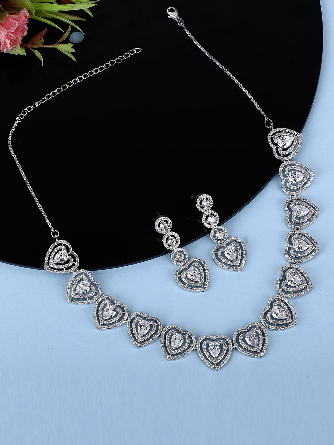 

AURAA TRENDS Rhodium-Plated AD-Studded & Beaded Jewellery Set, Silver