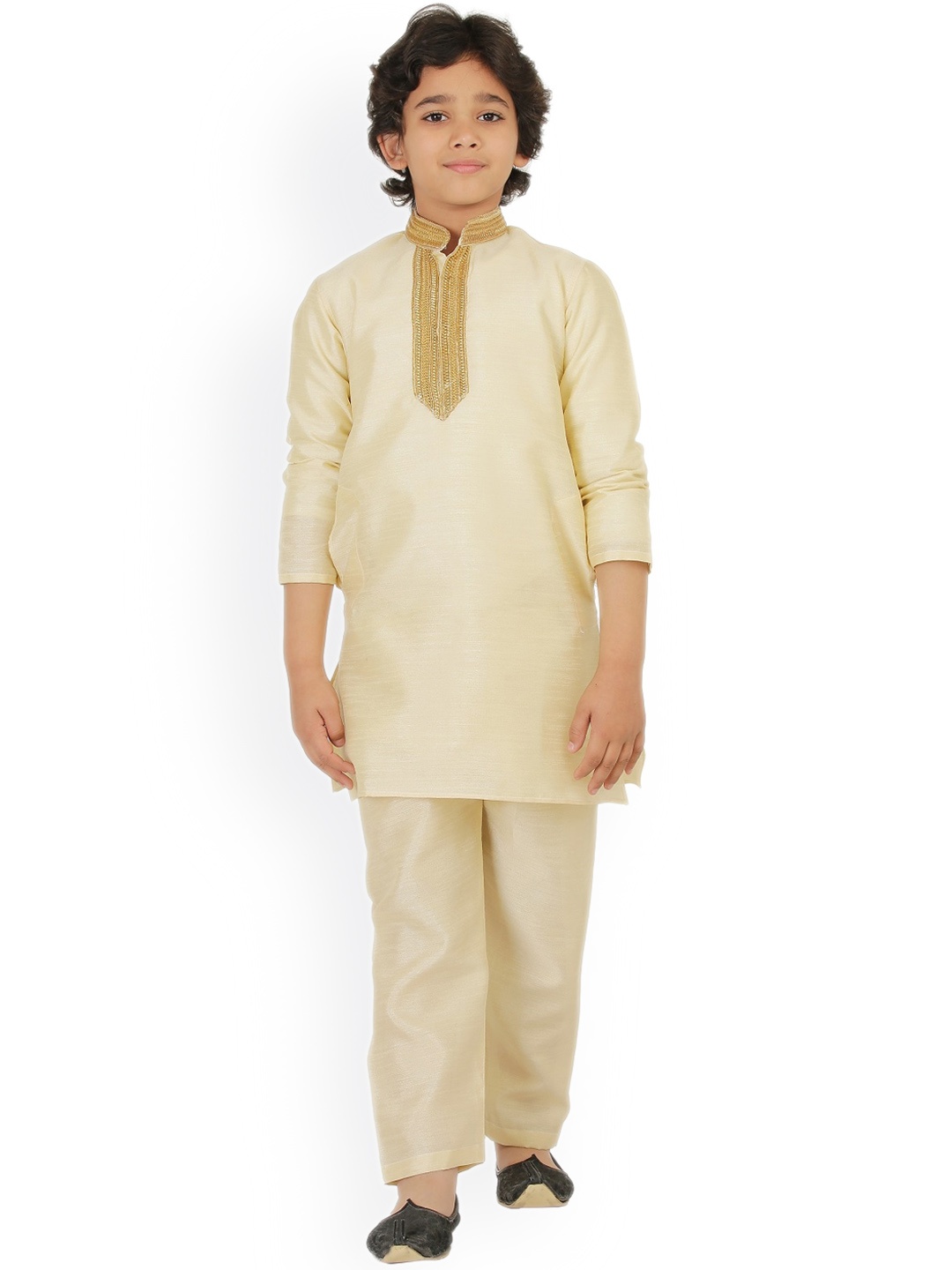 

BAESD Boys Band Collar Long Sleeves Thread Work Detailed Dupion Silk Kurta with Pyjamas, Gold
