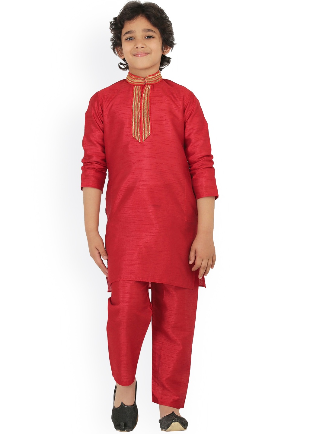 

BAESD Boys Band Collar Long Sleeves Thread Work Detailed Dupion Silk Kurta with Pyjamas, Red