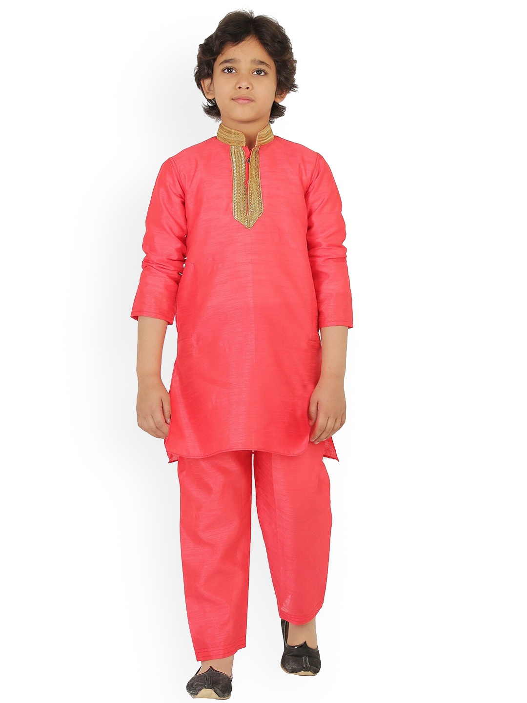 

BAESD Boys Band Collar Long Sleeves Thread Work Detailed Dupion Silk Kurta with Pyjamas, Orange