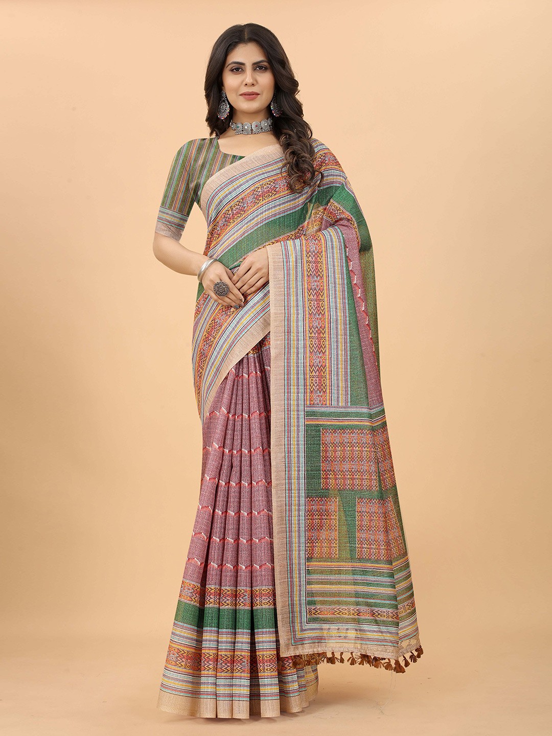 

Kiwie Striped Linen Blend Saree, Pink