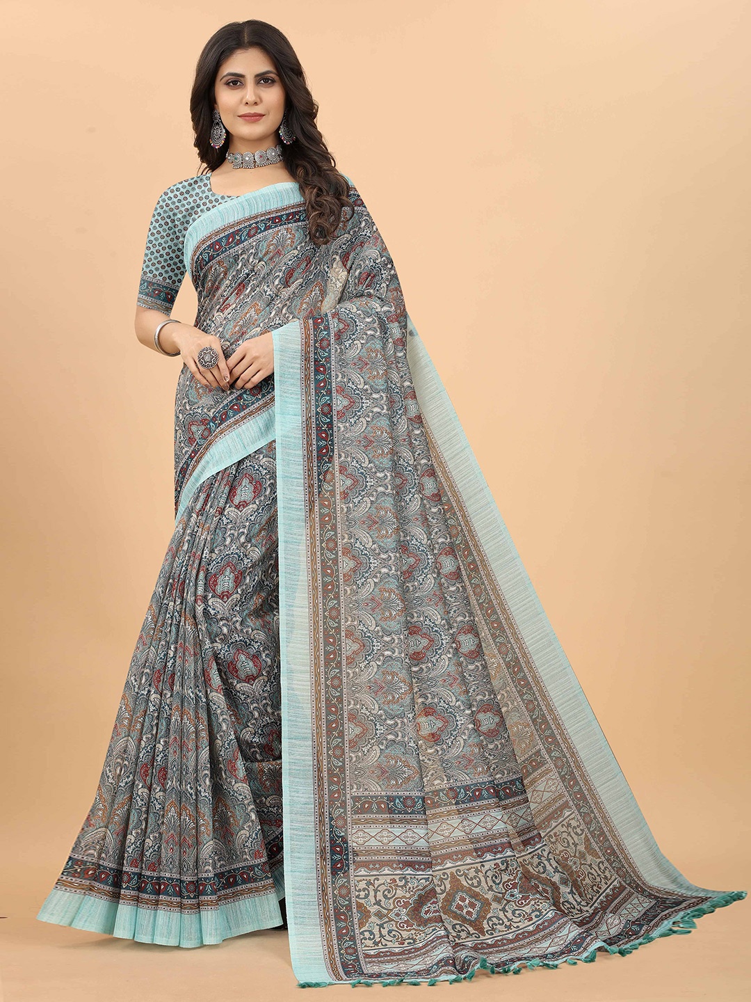 

Kiwie Ethnic Motifs Printed Linen Blend Saree, Blue