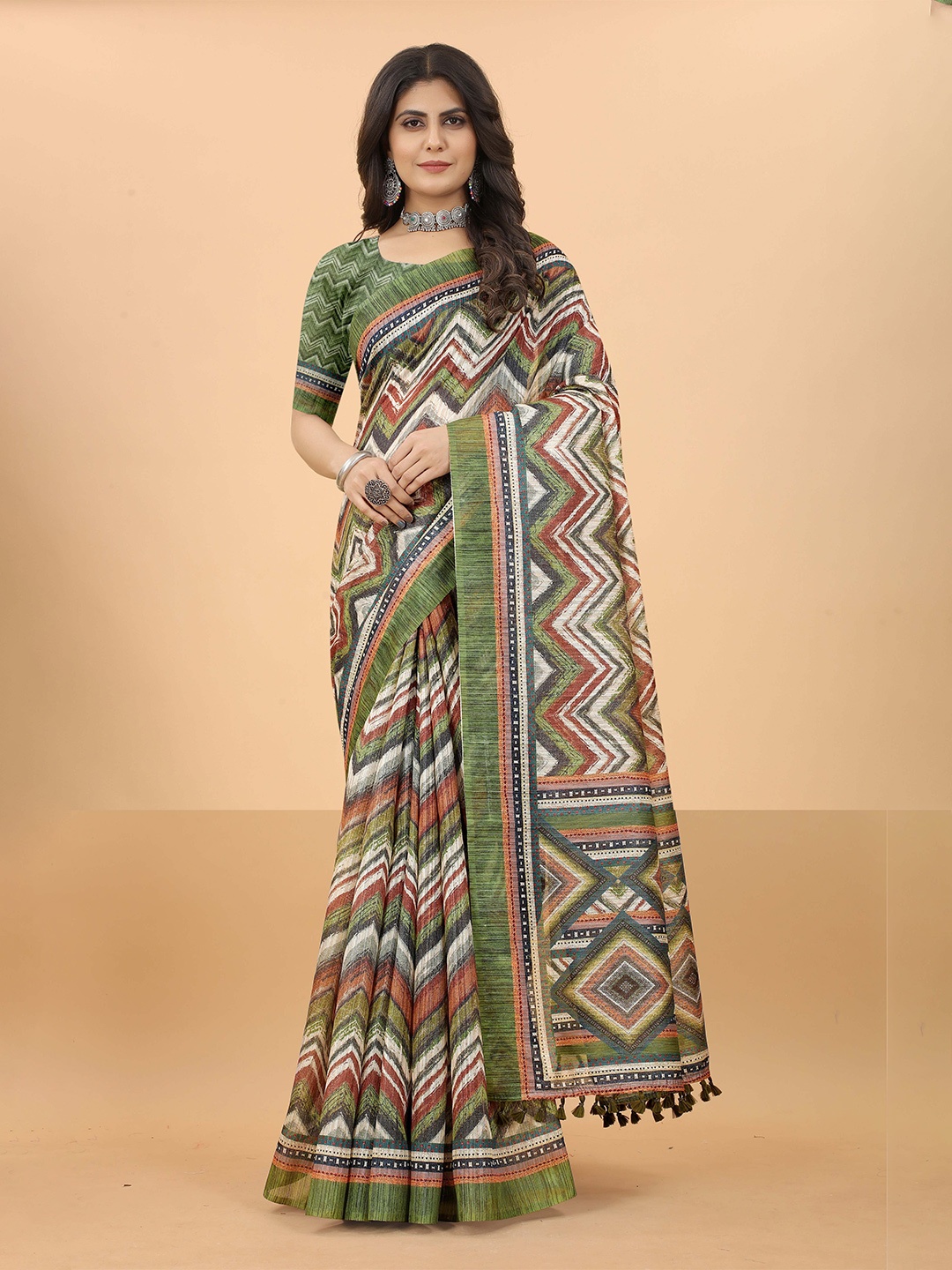 

Kiwie Geometric Printed Linen Blend Saree, Green