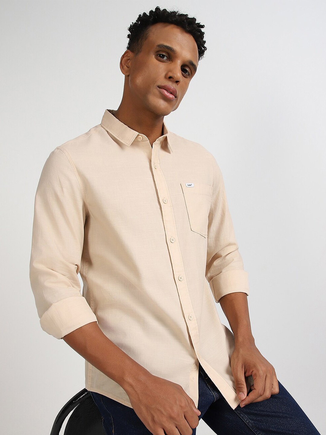 

Lee Spread Collar Cotton Casual Slim Fit Shirt, Beige