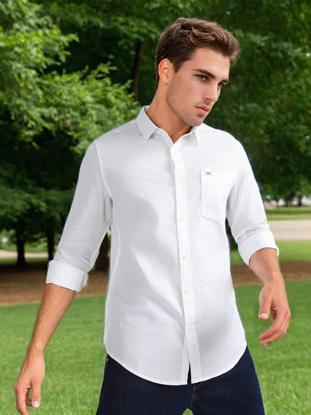 

Lee Spread Collar Cotton Casual Slim Fit Shirt, White