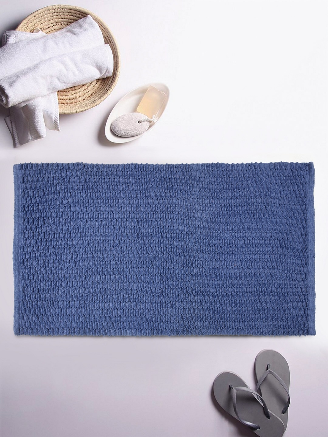 

ROMEE Blue Textured Rectangular Bath Rug