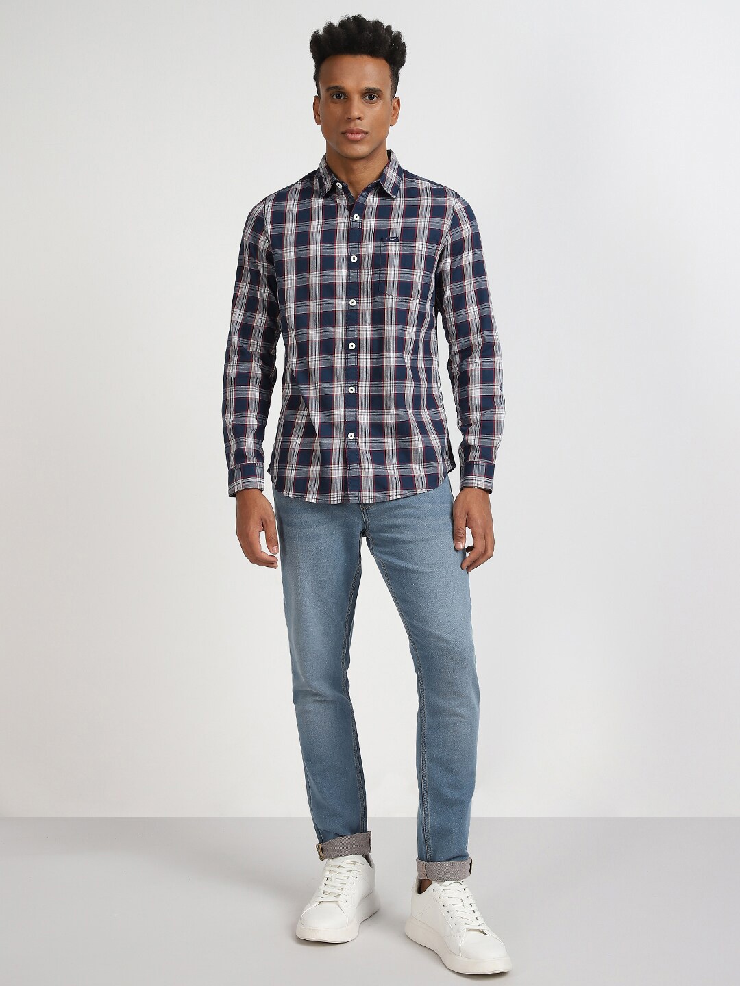 

Lee Tartan Checks Checked Spread Cotton Collar Casual Shirt, Blue