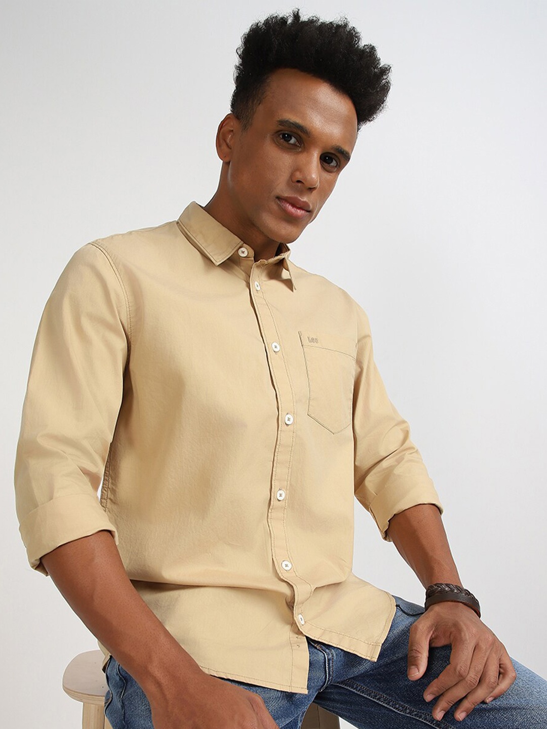 

Lee Spread Collar Cotton Casual Slim Fit Shirt, Beige