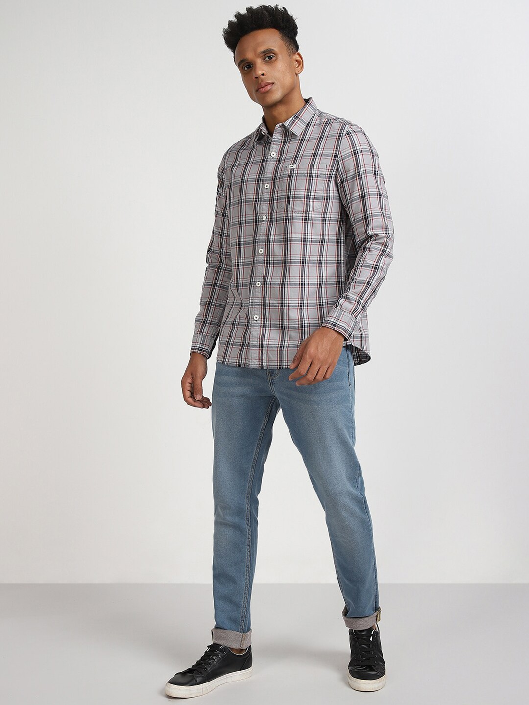 

Lee Tartan Checked Spread Collar Regular Fit Opaque Cotton Casual Shirt, Grey