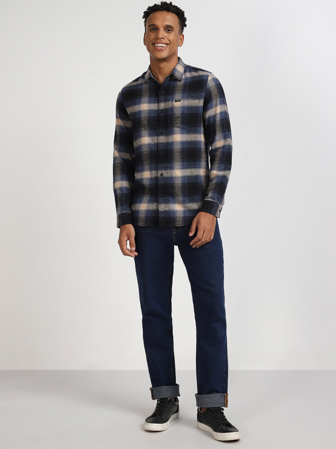 

Lee Buffalo Checked Spread Collar Slim Fit Opaque Cotton Casual Shirt, Black