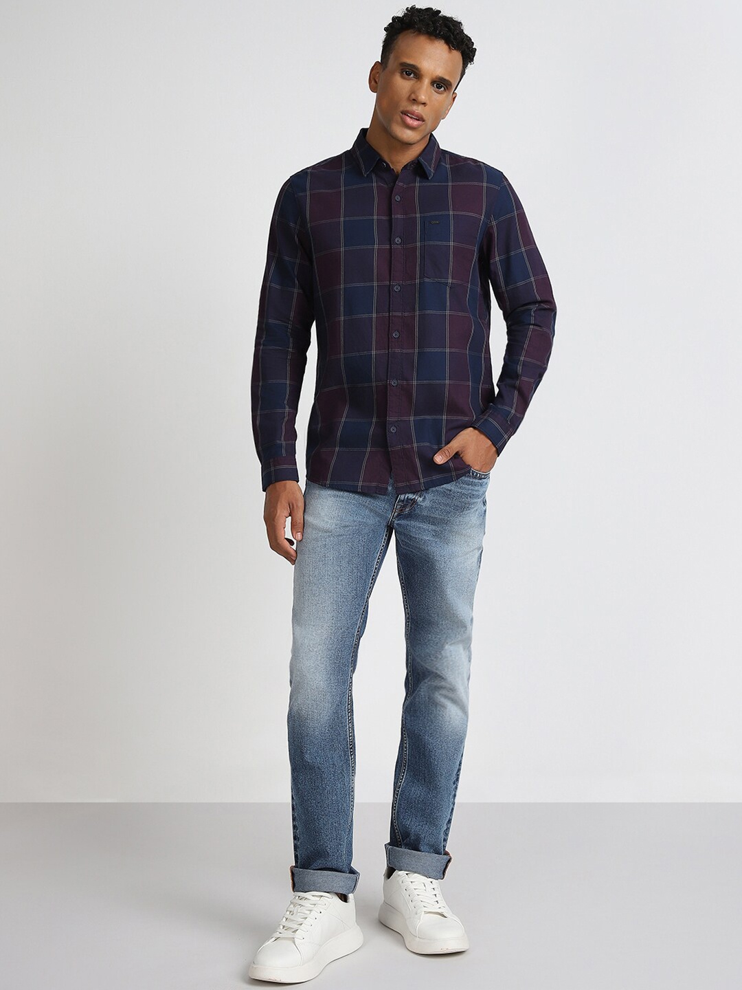 

Lee Grid Tattersall Checked Slim Fit Opaque Cotton Casual Shirt, Blue