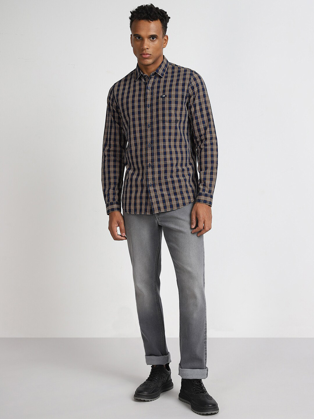 

Lee Tartan Checked Slim Fit Opaque Cotton Casual Shirt, Blue