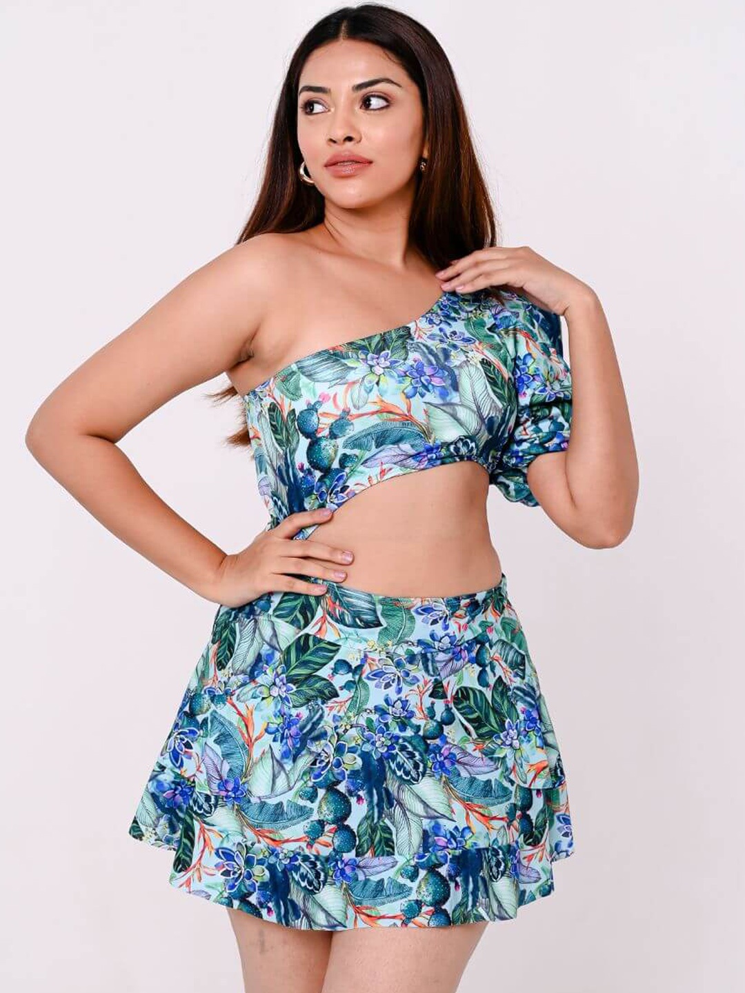 

FancyPants Floral Printed One-Shoulder Swim Bikini Set, Blue