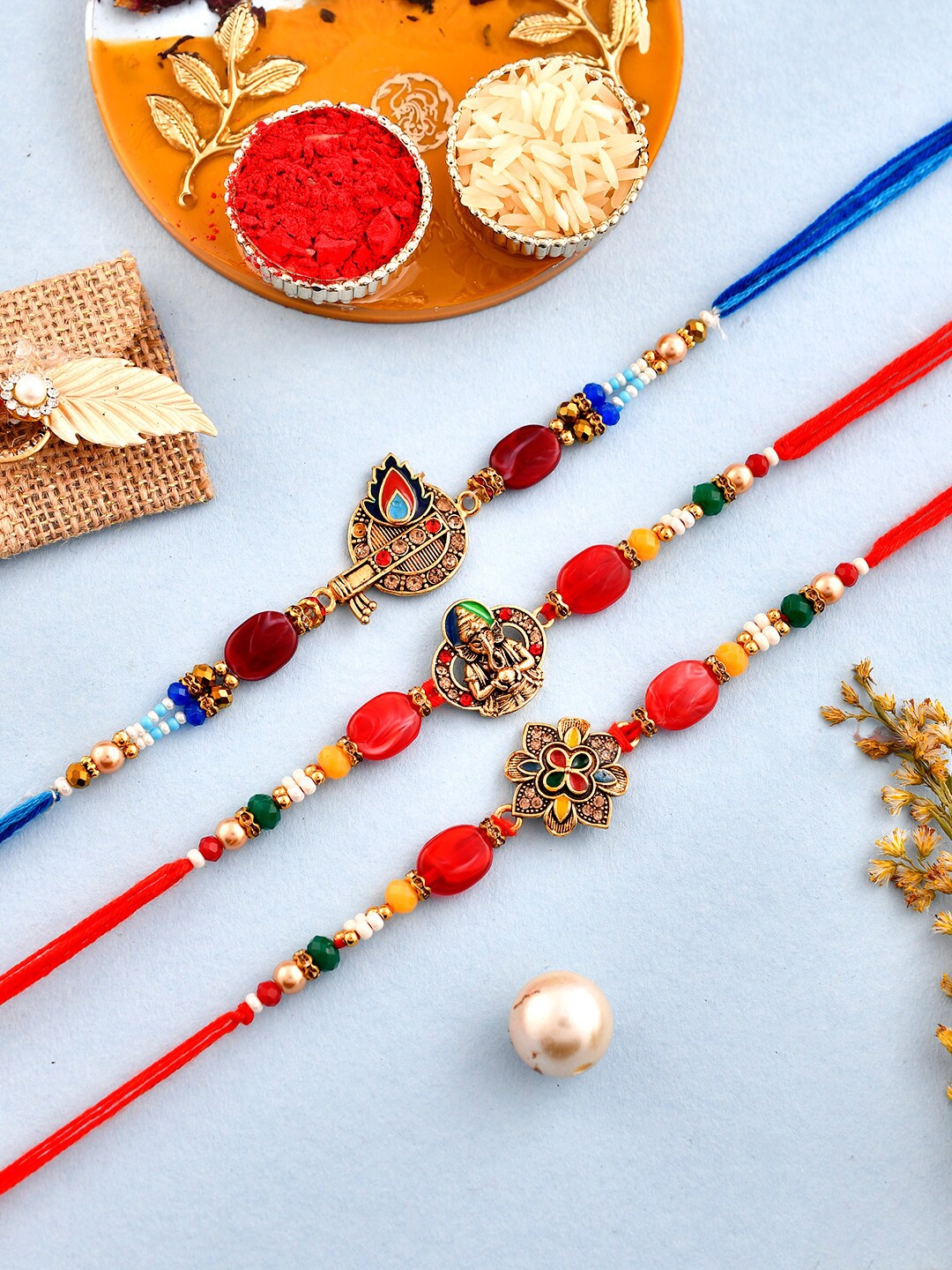 

Aapno Rajasthan Set Of 3 Stone-Studded & Beaded Rakhi, Orange