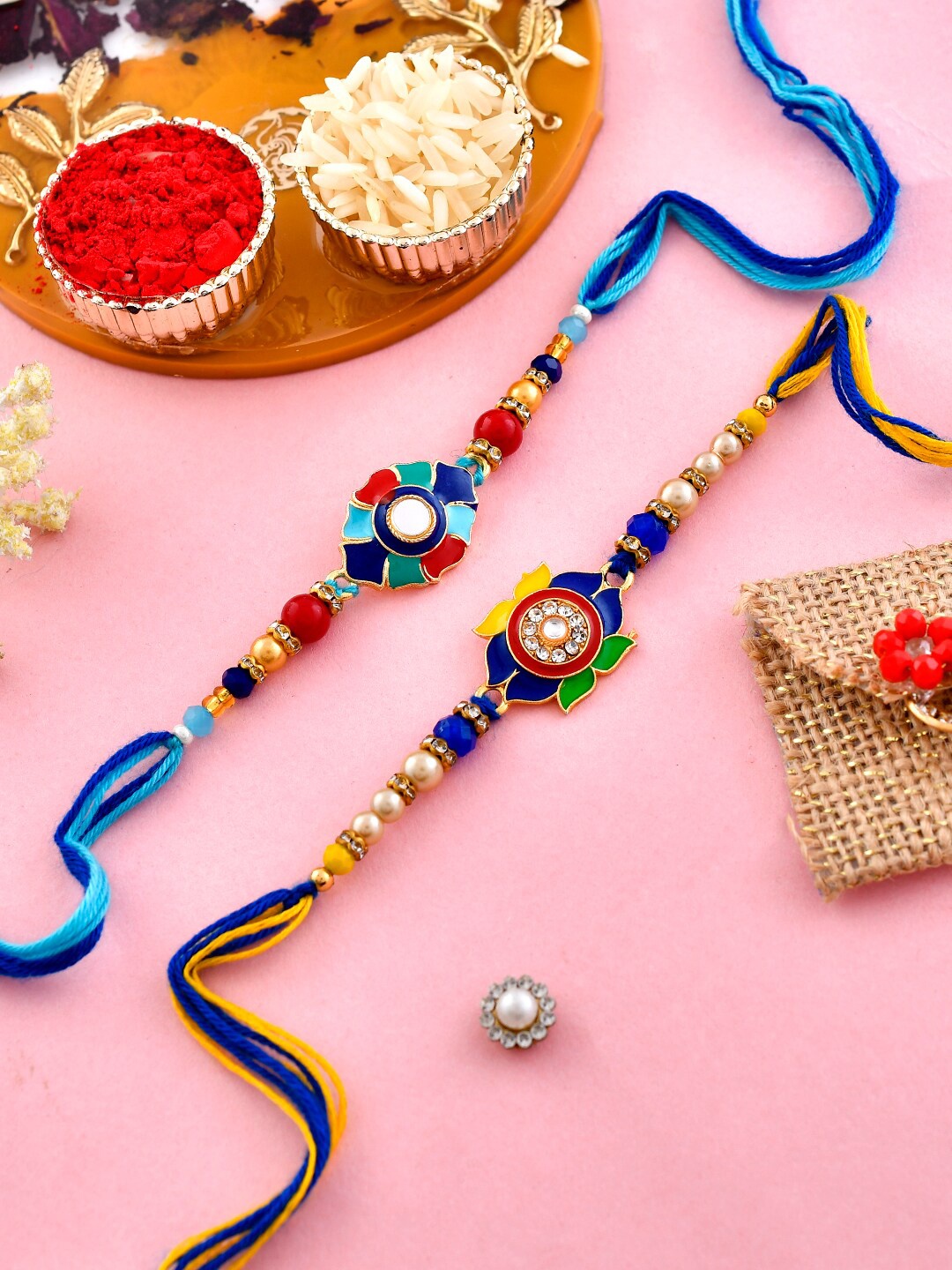 

Aapno Rajasthan Unisex Set Of 2 Beaded Charm Tie-Up Rakhis, Multi