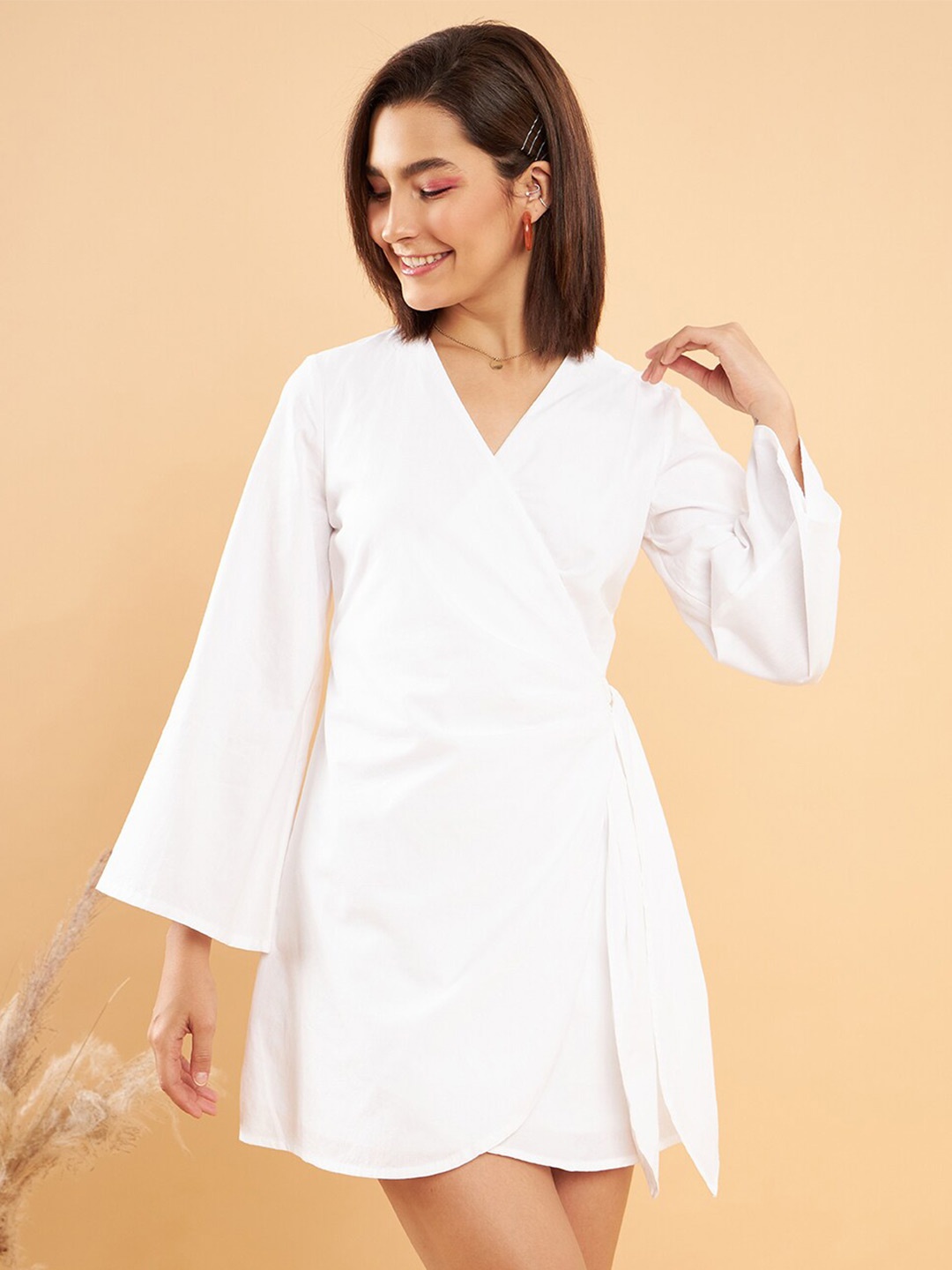 

KASSUALLY White V-Neck Flared Sleeves Tie Ups Pure Cotton A-Line Dress