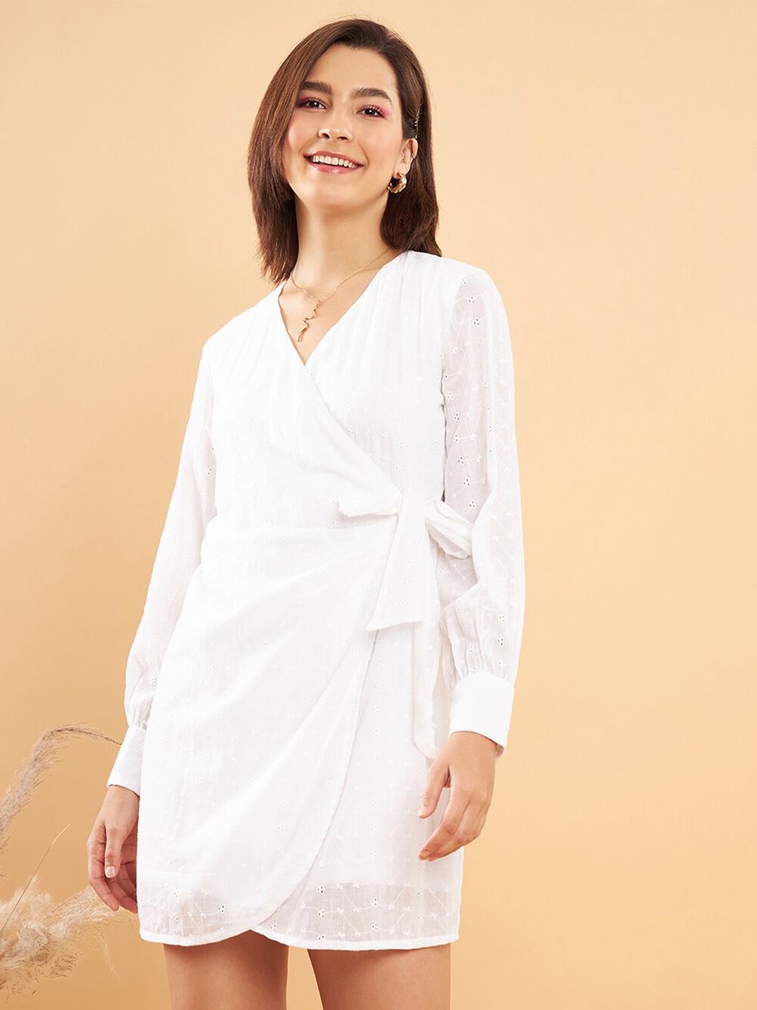 

KASSUALLY White Self Design Cuffed Sleeves Tie Ups Schiffli Pure Cotton Wrap Dress