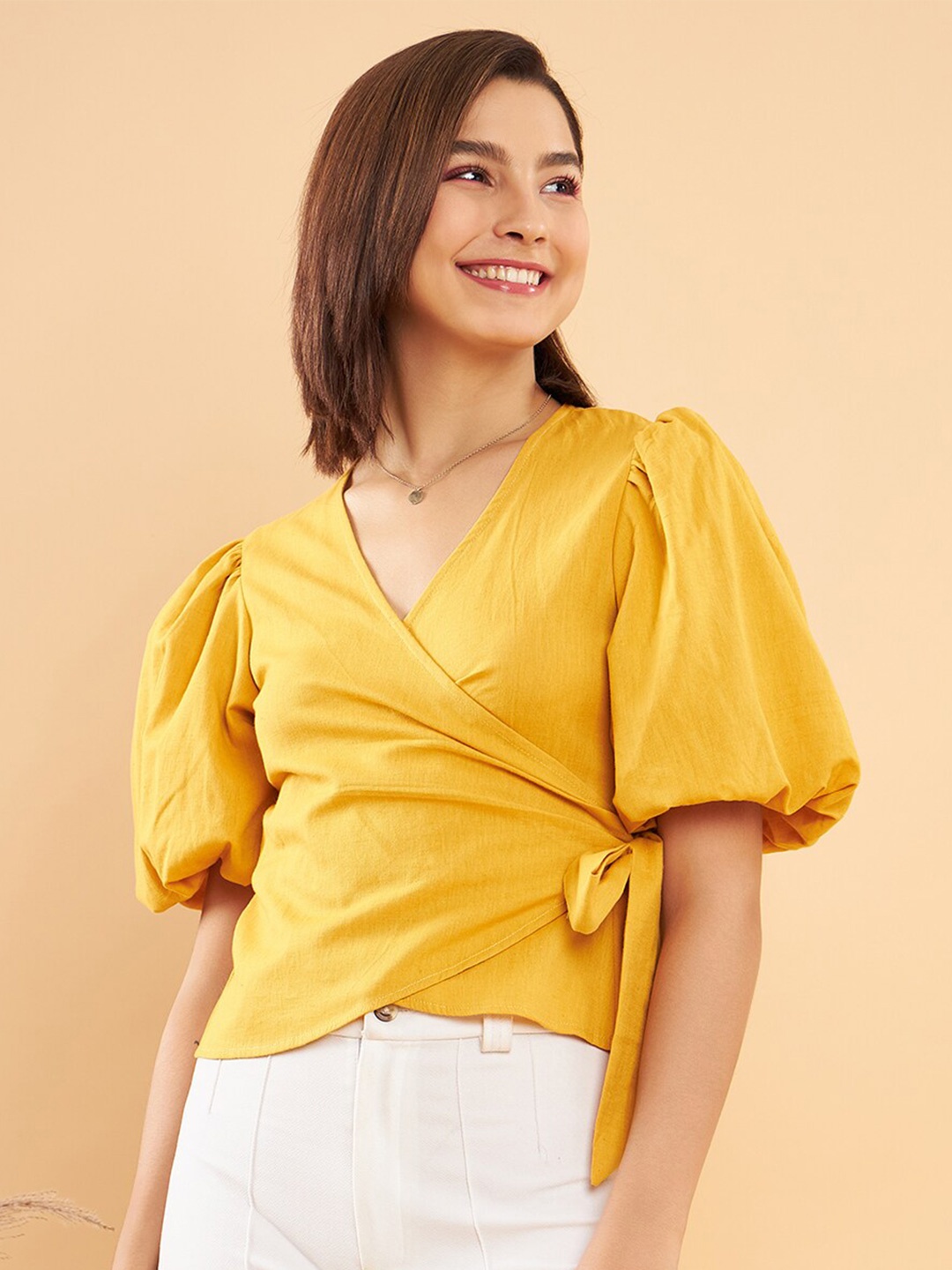 

KASSUALLY Yellow Puff Sleeves Pure Cotton Wrap Top