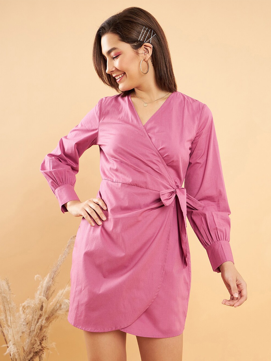 

KASSUALLY Pink V-Neck Cuffed Sleeves Tie Ups Pure Cotton Wrap Dress