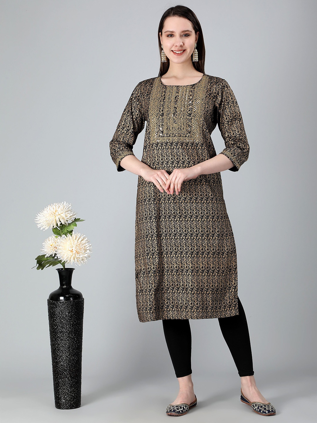 

Misbis Abstract Printed Sequnied Straight Kurta, Black