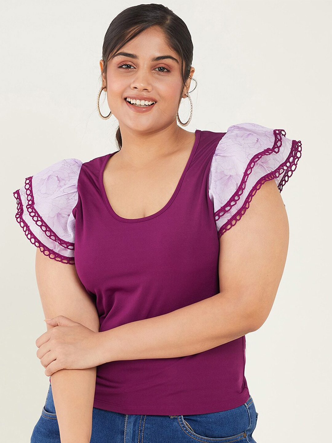 

CURVE BY KASSUALLY Purple Scoop Neck Flutter Sleeves Top