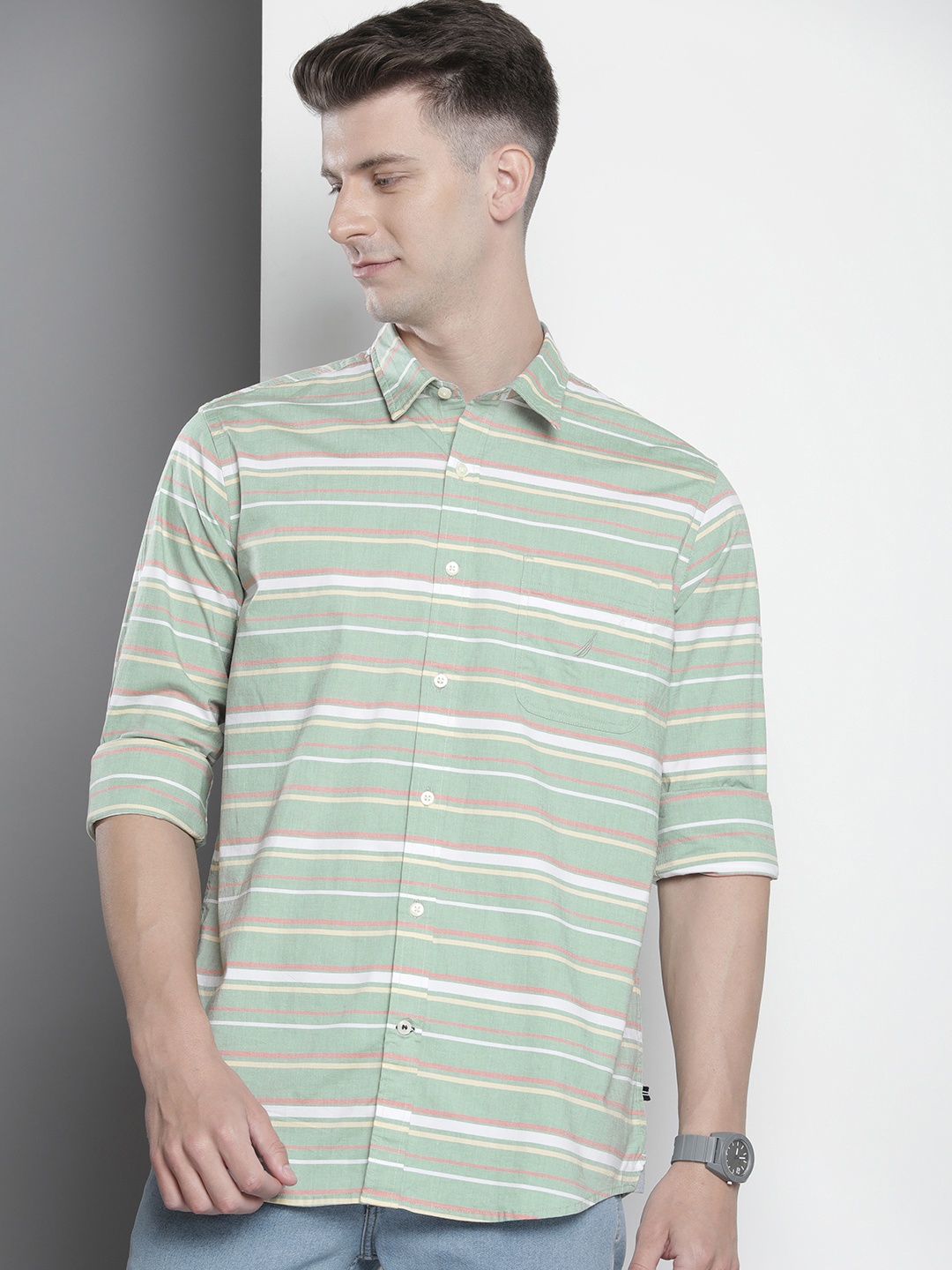 

Nautica Classic Fit Horizontal Stripes Casual Shirt, Green