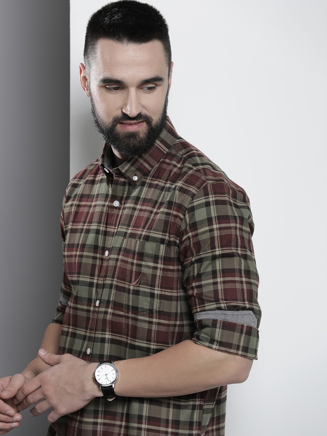 

Nautica Classic Fit Checked Pure Cotton Casual Shirt, Maroon