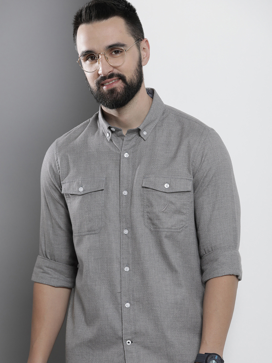 

Nautica Solid Button-Down Collar Pure Cotton Classic Fit Casual Shirt, Grey