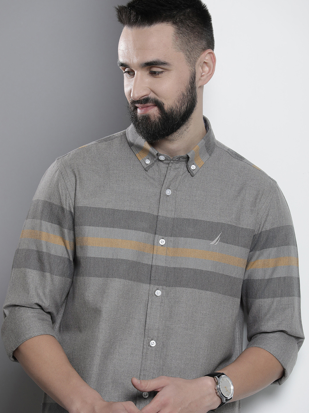 

Nautica Classic Fit Stripes Pure Cotton Casual Shirt, Grey