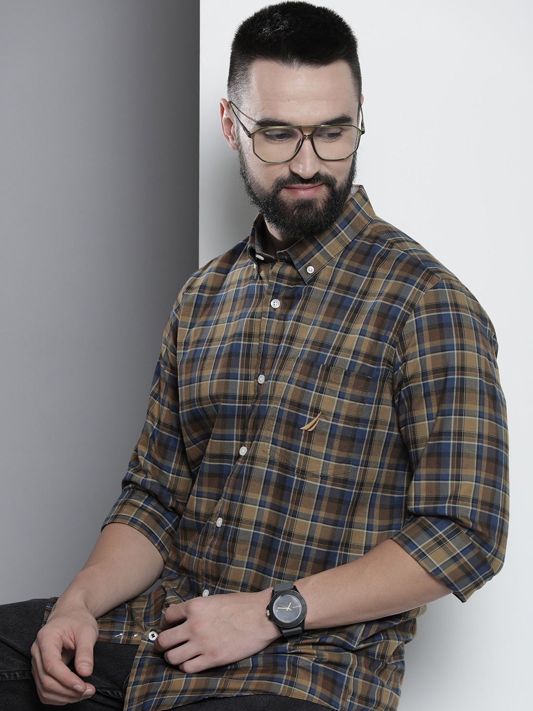 

Nautica Classic Fit Checked Pure Cotton Casual Shirt, Brown