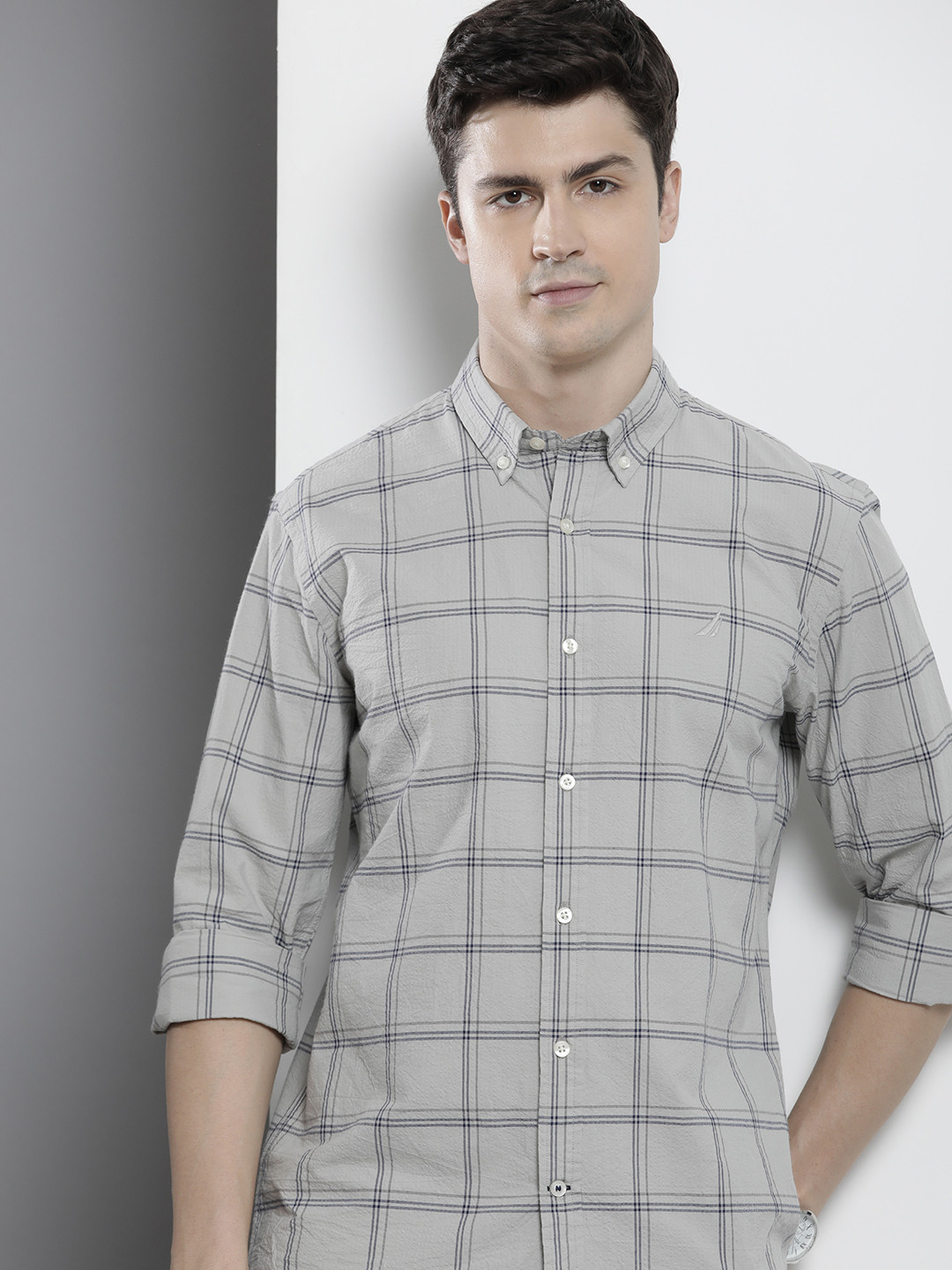

Nautica Slim Fit Tartan Checks Button-Down Collar Pure Cotton Casual Shirt, Grey