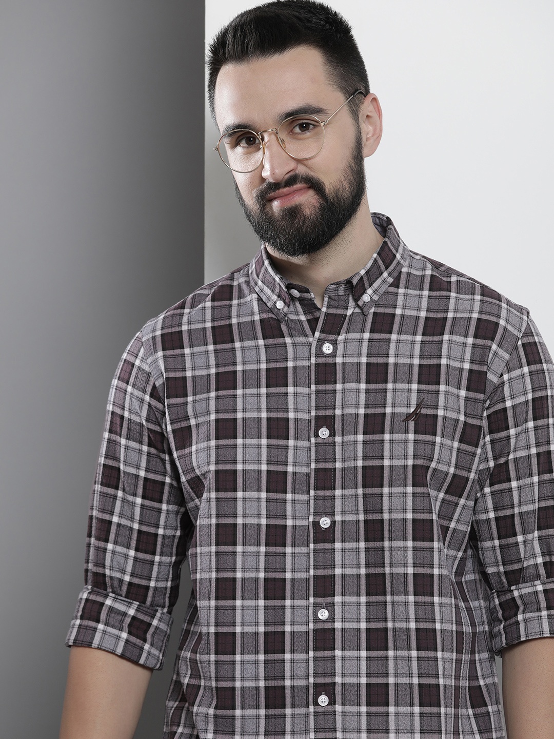 

Nautica Checked Button-Down Collar Pure Cotton Classic Fit Casual Shirt, Grey