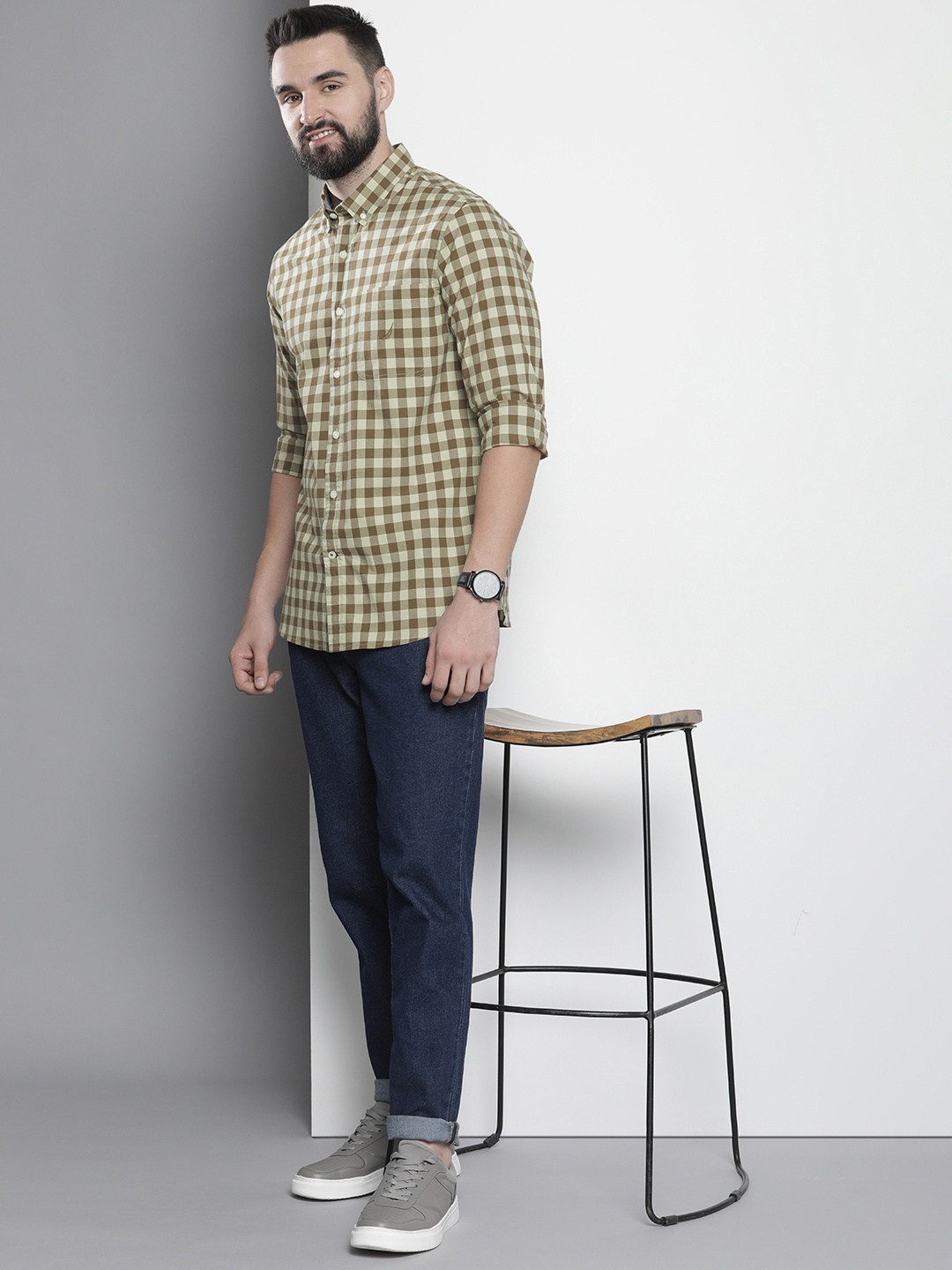 

Nautica Slim Fit Gingham Checks Casual Shirt, Olive