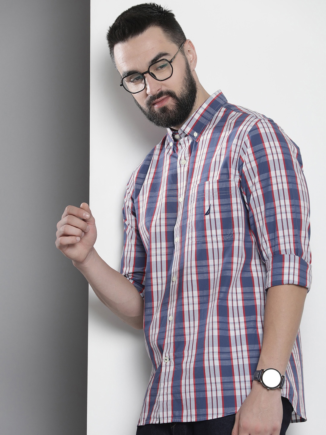 

Nautica Classic Fit Pure Cotton Checked Casual Shirt, Blue