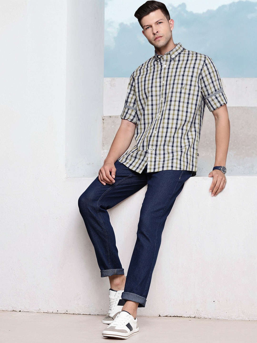 

Nautica Classic Fit Checked Pure Cotton Casual Shirt, Olive
