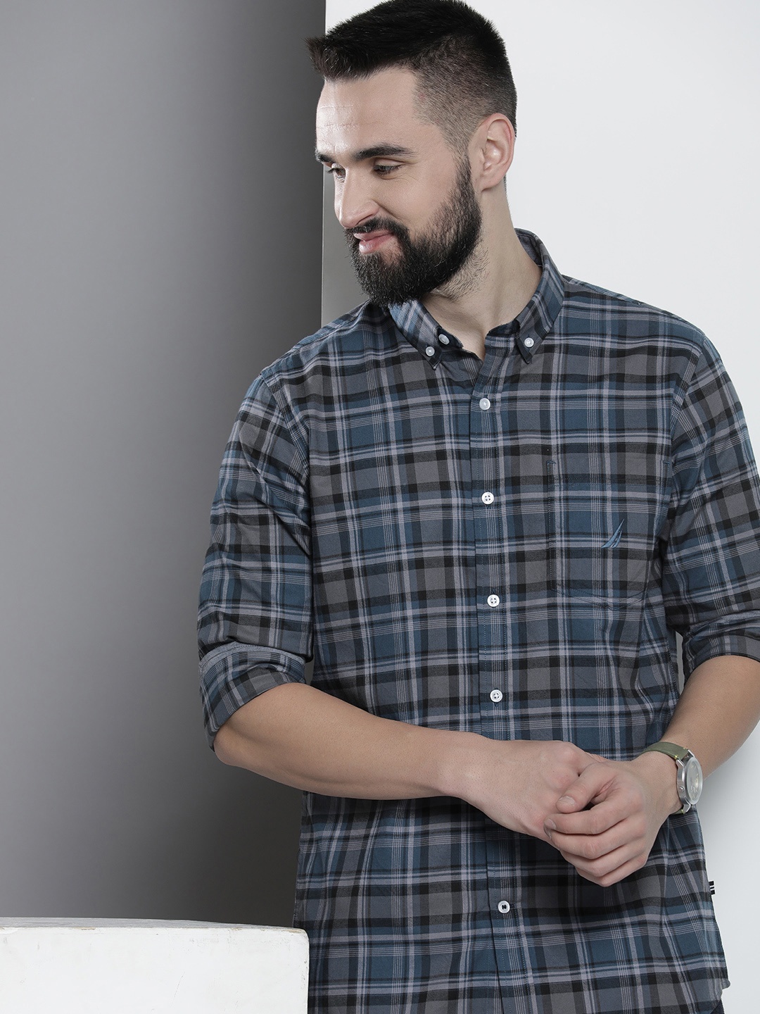 

Nautica Classic Fit Checked Pure Cotton Casual Shirt, Navy blue