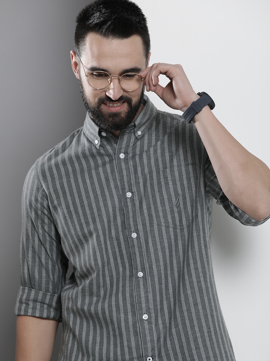 

Nautica Striped Button-Down Collar Pure Cotton Classic Fit Casual Shirt, Grey