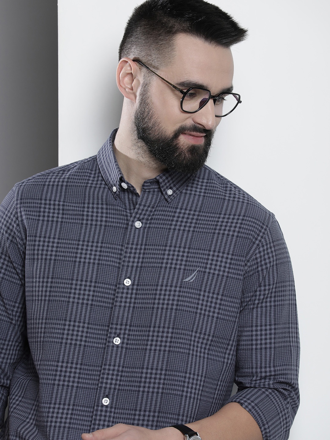 

Nautica Classic Fit Checked Pure Cotton Casual Shirt, Navy blue