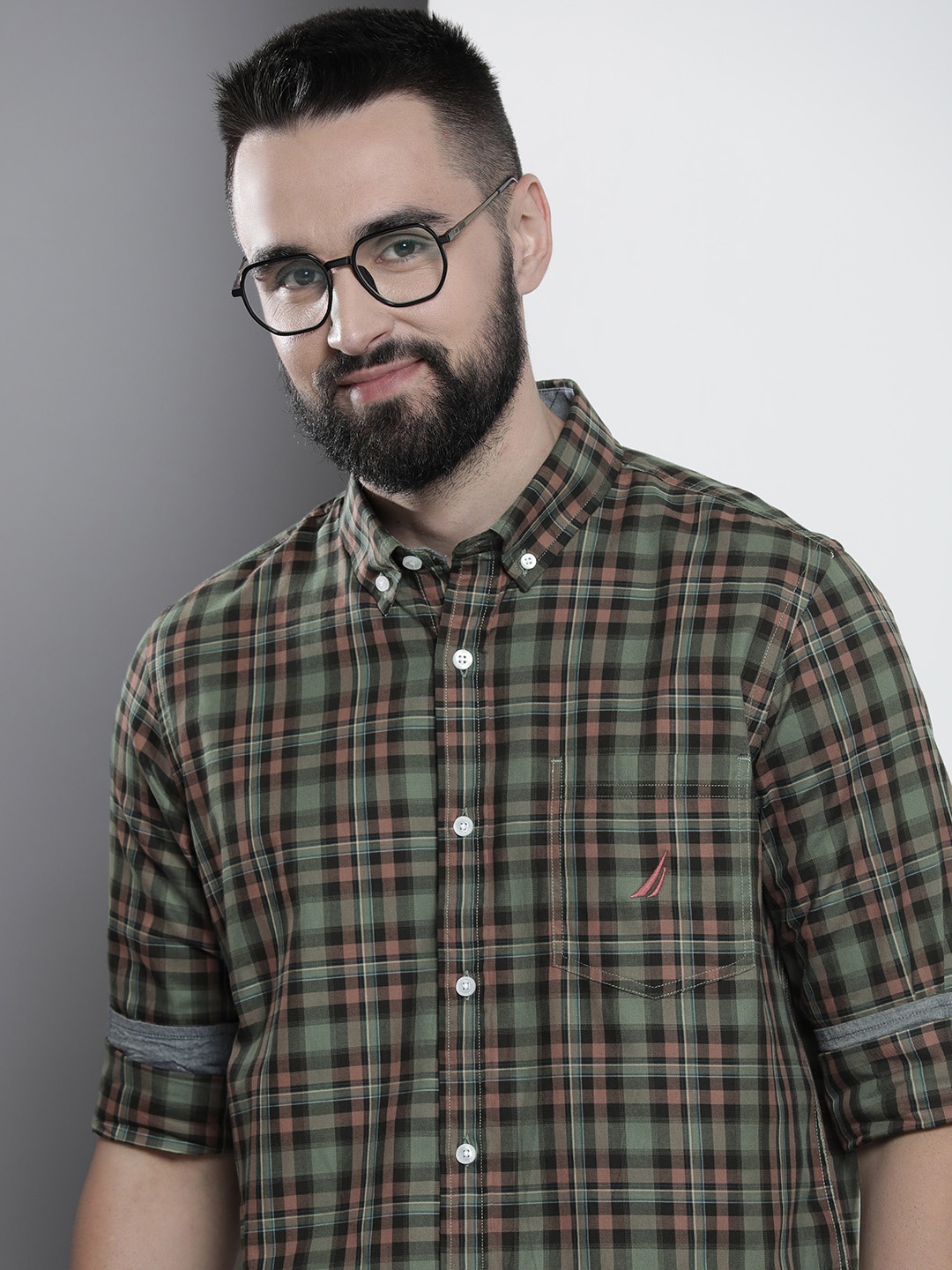 

Nautica Classic Fit Checked Pure Cotton Casual Shirt, Green