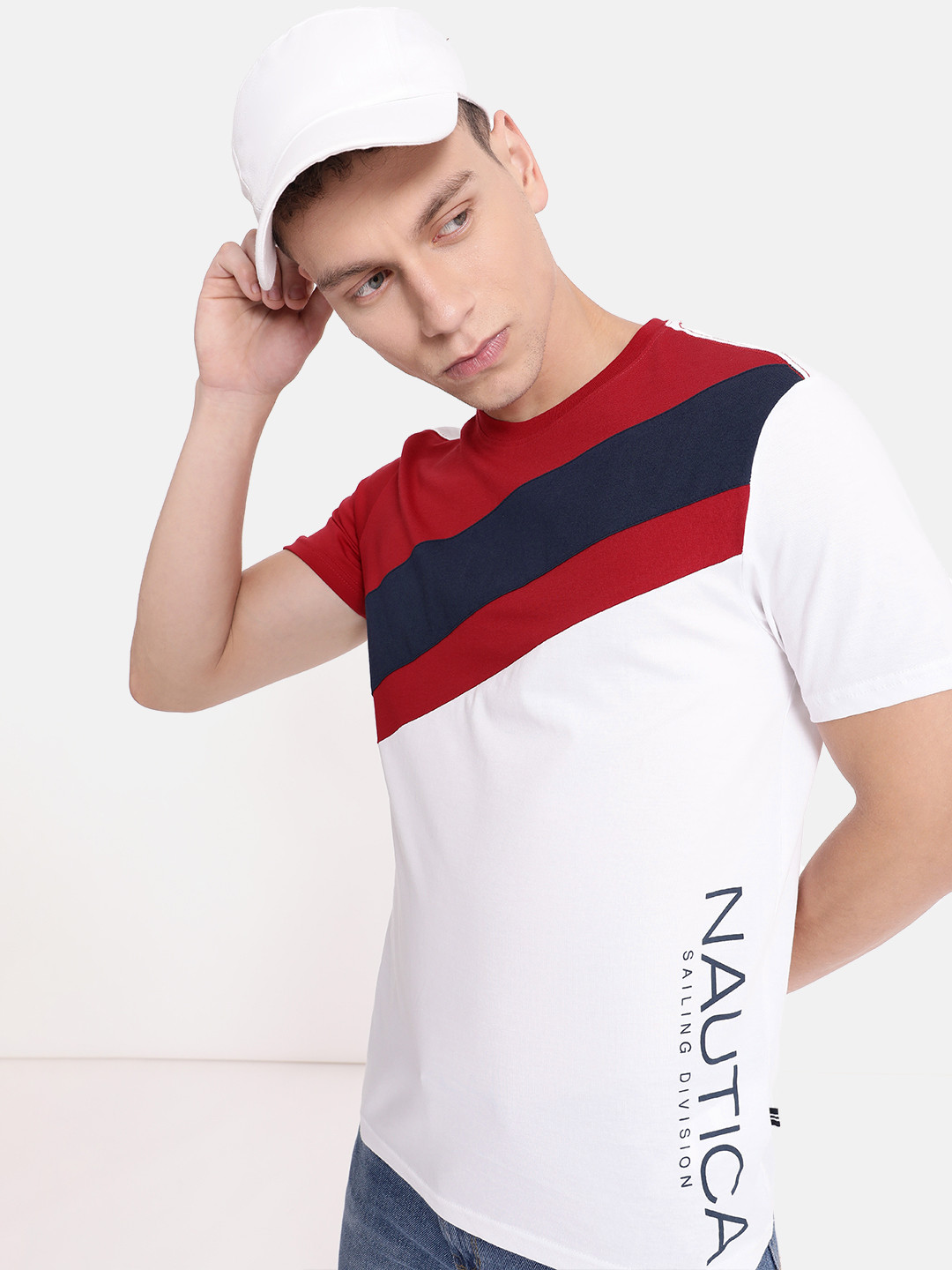 

Nautica Pure Cotton Colourblocked Casual T-shirt, White