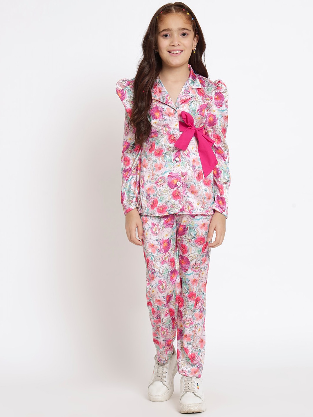 

Readiprint Fashions Girls Floral Printed Shirt Collar Puff Sleeves Shirt with Trousers, Pink