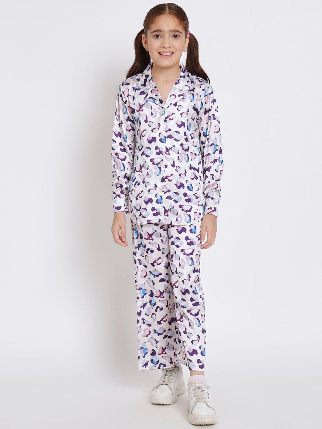 

Readiprint Fashions Girls Abstract Printed Satin Shirt With Trousers, White