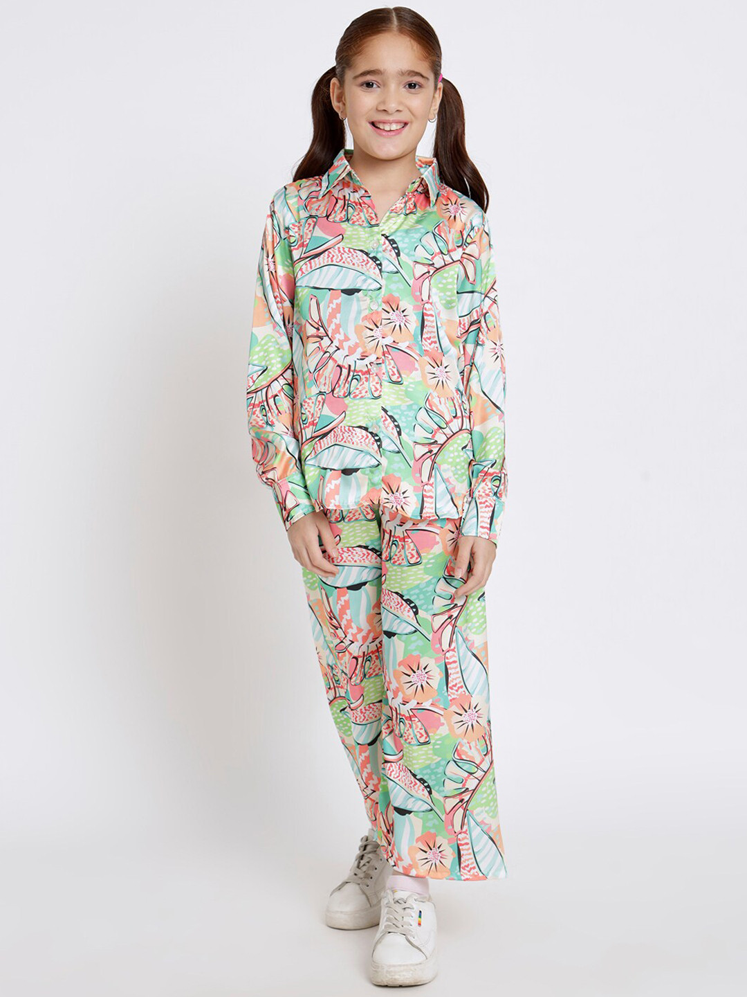 

Readiprint Fashions Girls Tropical Printed Satin Shirt With Palazzos, Green
