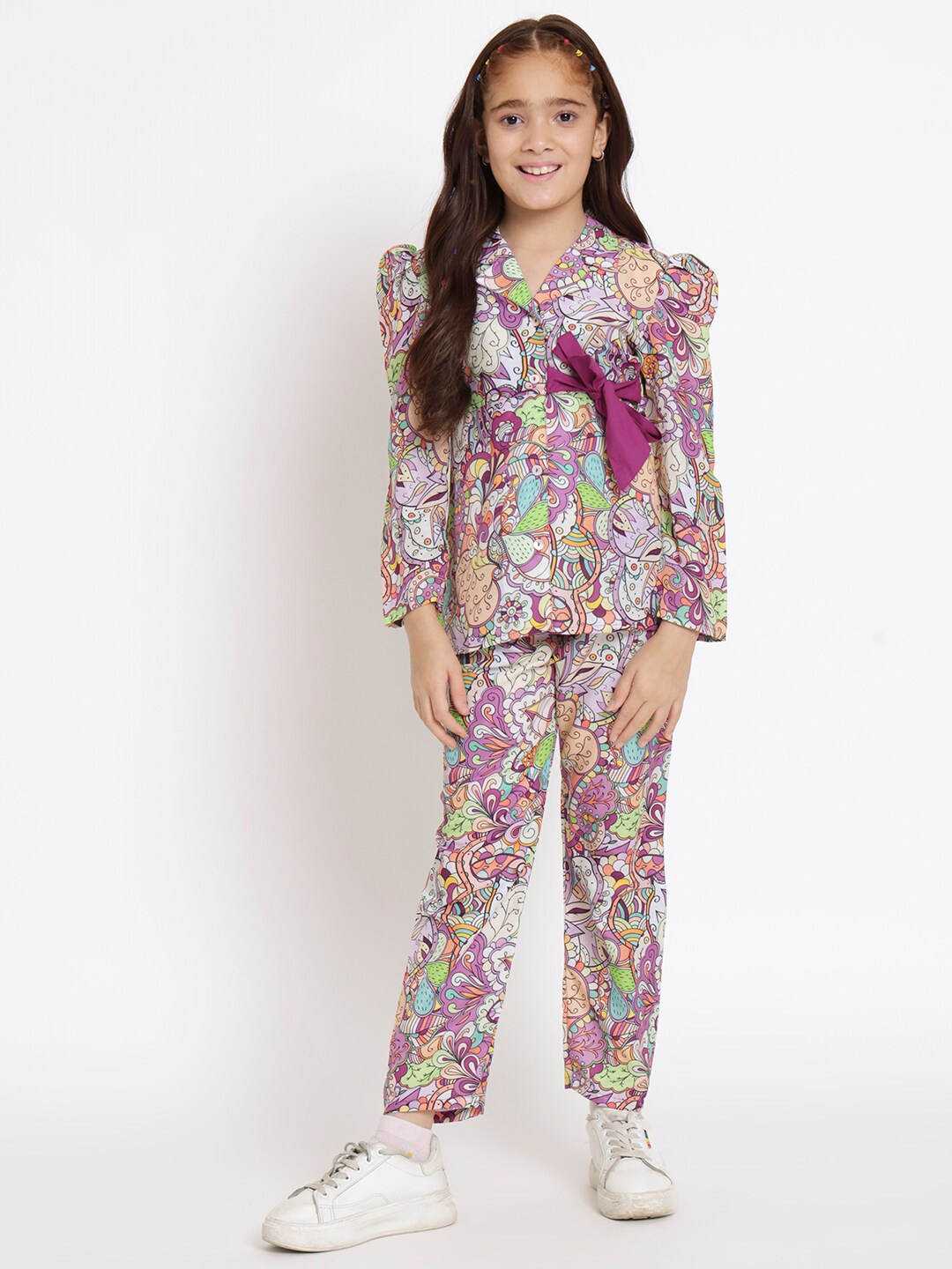 

Readiprint Fashions Girls Printed Shirt Collar Puff Sleeves Shirt with Trousers, Purple
